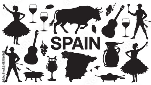Spanish Culture Silhouettes in Flamenco Style with Black and White Contrast on Flat Design for Travel Brochure