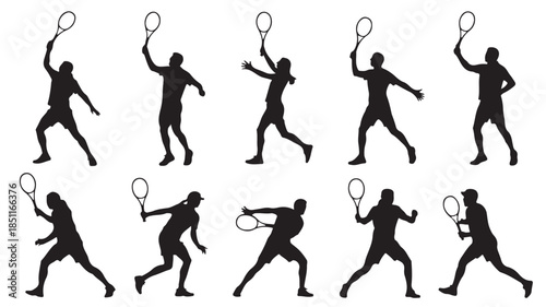 Tennis Players Silhouettes in Various Poses with Racket in Dynamic Movement on White Background for Sports Illustration