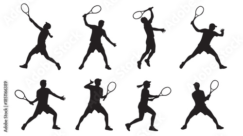 Tennis Players Silhouettes in Dynamic Poses with Racket in High Contrast Black on White Background for Sports Illustration