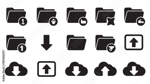 Black file folder and cloud icons with various symbols in simple flat design for web and mobile applications