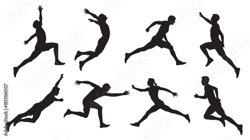 Silhouettes of athletes in dynamic poses with energetic movement in black on white background for sports illustration