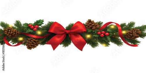 Horizontal Christmas garland with pine cones, fir branches, holly berries, glowing lights, and ribbons. Perfect for holiday banners, cards, and party posters. Transparent background in vector file
