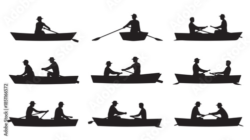 Silhouettes of People Rowing Canoes in Various Positions with Dramatic Lighting on White Background for Water Sports