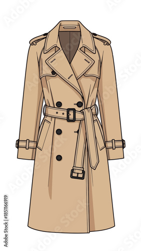 Beige double-breasted trench coat with belt and buckles, classic outerwear illustration