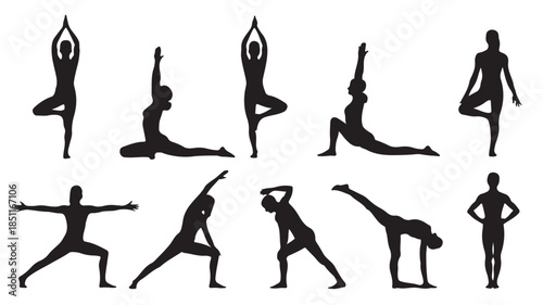 Yoga Silhouettes in Various Poses on White Background in Simple Black Illustration for Fitness and Wellness