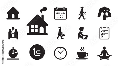 Set of simple black icons representing daily routine and productivity in minimalist style with solid fill on white background for web design