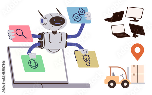 Robot with multiple arms multitasking on a laptop, holding cards with a globe, gears, bulb, and search. Ideal for automation, artificial intelligence, innovation, multitasking tech logistics