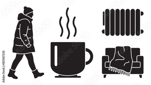 Winter Silhouettes of Person Walking, Hot Beverage, Radiator, and Cozy Sofa in Monochrome Minimalist Style with Simple Shapes and White Background for Seasonal Illustration