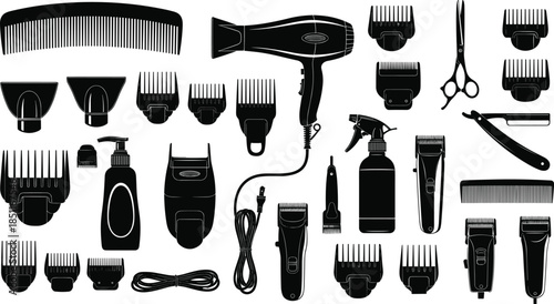 Professional hairdressing tools collection, including combs, clippers, trimmers, scissors, spray bottles, dryer attachments and grooming accessories, 
