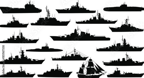 Professional scuba diver silhouettes vector illustration, set of people exploring the underwater world, swimming with bubbles, and taking photographs of the ocean.