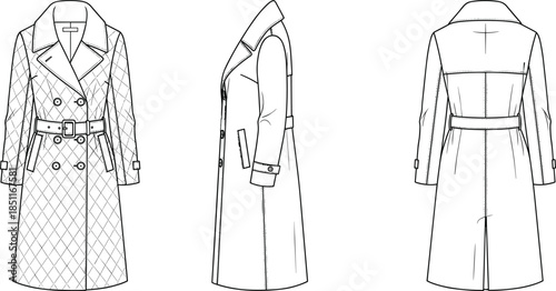 Quilted and Classic Trench Coat Technical Drawing CAD Flat Vector Illustration Garment Design Template Outline Sketch Apparel Clothing Silhouette Front Back Side Views, Editable
