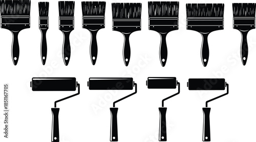 Set of Black Paint Brush and Roller Silhouettes, Various Hand Tools for Painting Walls, Renovation, Art, Home Repair, and Construction Decor