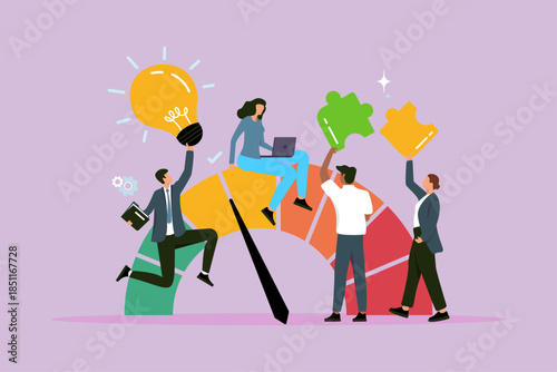 Startup team collaboration illustration, vector cartoon  scene of creative brainstorming and idea sharing in office, coworkers discussing innovative project, business teamwork holding idea bulb