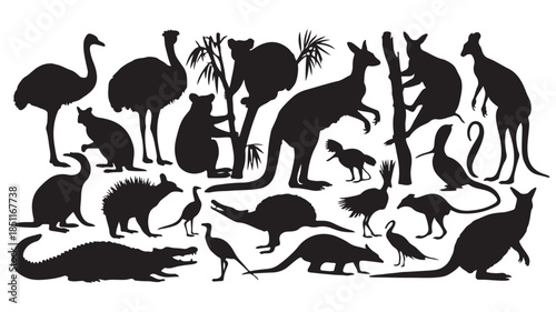 Australian animals silhouettes in minimalist style with black color on white background for wildlife illustration