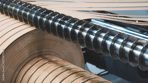 Industrial woodworking machine for gluing edges on the end of wood or chipboard furniture board, industrial furniture production concept background