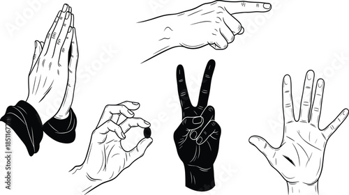 Set of hand gestures vector illustration, including praying hands, pointing finger, open palm, peace sign, and holding small object, in black-and-white line art style, isolated on white.