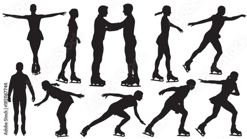 Silhouettes of Ice Skaters in Various Poses with Dynamic Movement in Black on White Background for Sports Illustration