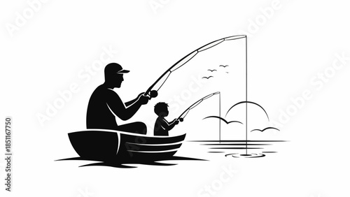Father and Son Fishing Together in a Boat at Sunset.