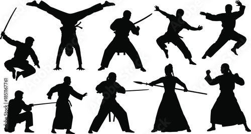 Set of martial arts silhouettes vector illustration, people practicing ancient combat sports, various fighting poses, and wielding traditional swords and spears for training.
