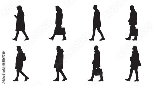Silhouettes of business people walking with briefcases in various poses on white background for corporate use