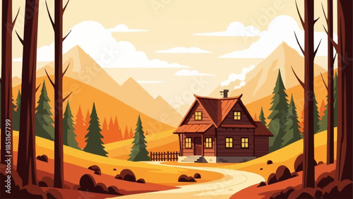 Cozy wooden cabin nestled in a serene autumn forest landscape.