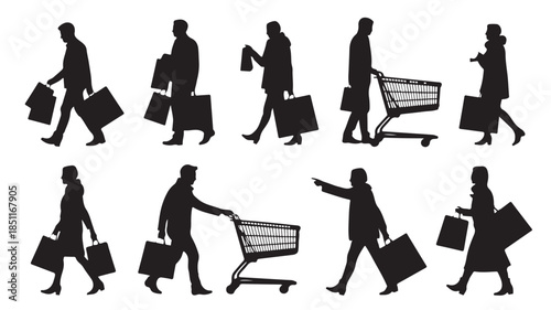 Silhouettes of shoppers with shopping bags and carts in various poses in black on white background for retail marketing