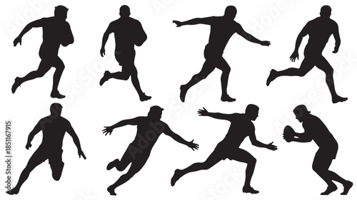 Silhouettes of rugby players in various dynamic poses with strong movement and dark shadows on white background for sports illustration