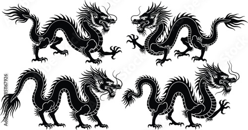 Set of traditional Asian dragon silhouette illustrations featuring detailed scales, mythical creature poses, dynamic movement, cultural symbolism, perfect for vector artwork, decorative design, a