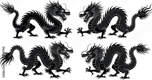 Set of traditional Asian dragon silhouette illustrations with detailed scales, fierce mythical creature poses, dynamic movement, cultural symbolism, perfect for 
