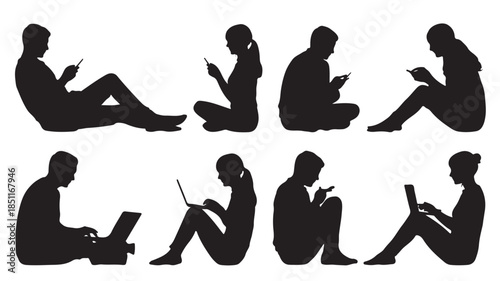 Silhouettes of people using devices in relaxed poses with soft minimalist style in black on white background for digital marketing