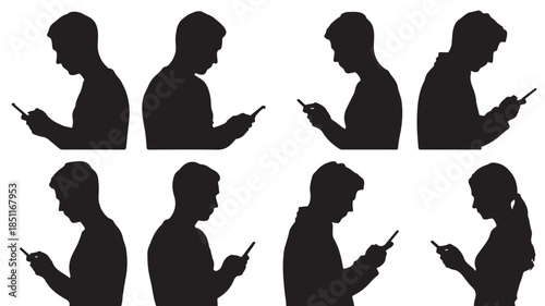 Silhouettes of people using smartphones in various poses with dark profiles on white background for mobile technology