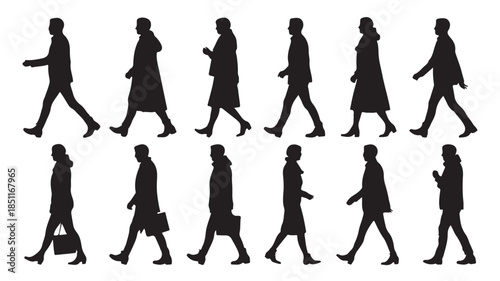 Silhouettes of people walking in various poses and attire in black on white background for graphic design