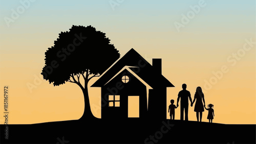 Silhouette of a Family and House with a Tree at Sunset.