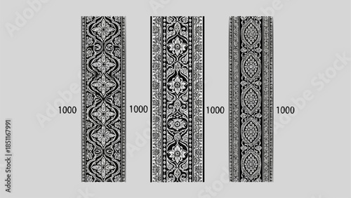 Three ornate Persian carpet designs with intricate patterns and borders.