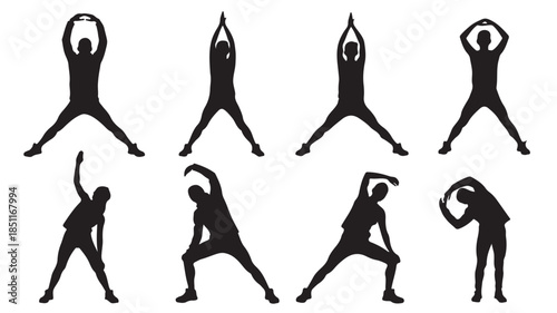 Yoga Silhouettes in Various Poses with Dynamic Movement in Black on White Background for Fitness Illustration