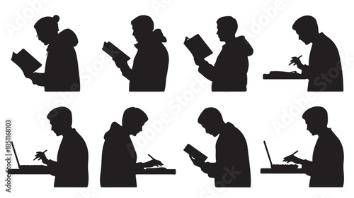Silhouette of man reading book or using laptop in various poses with modern minimalist style in black and white for digital illustration