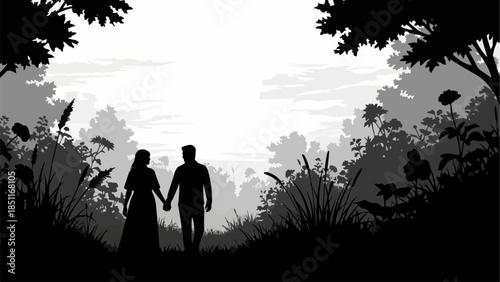 Couple walking hand in hand in a forest silhouette.