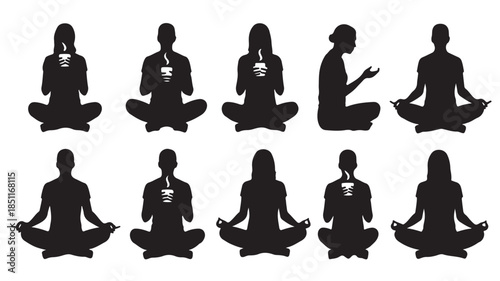 Silhouettes of people meditating in various yoga poses with lotus position in simple black illustration for wellness and mindfulness