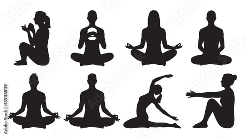 Silhouettes of people meditating in various yoga poses with serene minimalist style in black on white background for wellness branding