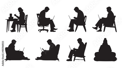 Silhouettes of people knitting in various poses in black on white background for graphic design