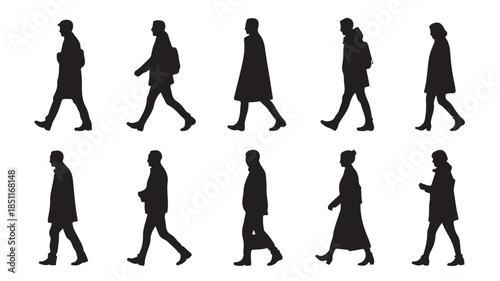 Silhouettes of people walking in various styles and coats in black on white background for graphic design