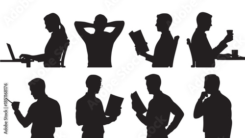 Silhouettes of People Working in Various Poses on Modern Devices in Minimalist Style with Soft Lighting for Business Illustration
