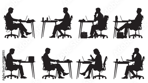 Silhouettes of people working at desks in various postures with modern office furniture in black and white minimalist style for corporate illustration