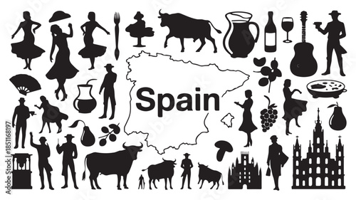 Spanish Culture Silhouettes in Flat Design with Black and White Color Scheme on White Background for Travel Brochure