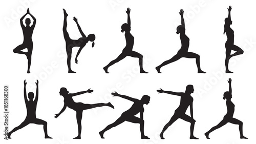 Yoga Silhouettes in Various Poses with Dynamic Movement in Black on White Background for Fitness and Wellness