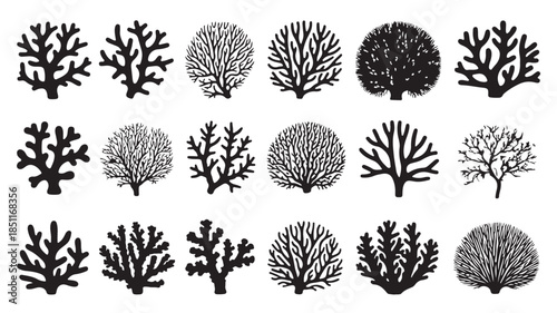 Coral Silhouettes Collection in Various Shapes and Textures on White Background for Oceanic Design