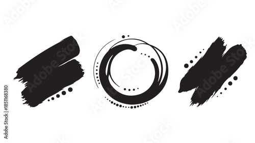 Abstract black brush strokes and circular frame in grunge style with bold texture for graphic design