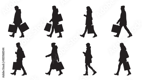 Silhouettes of Business People Walking with Briefcases in Modern Minimalist Style with Black and White Color Scheme on White Background for Marketing Illustration