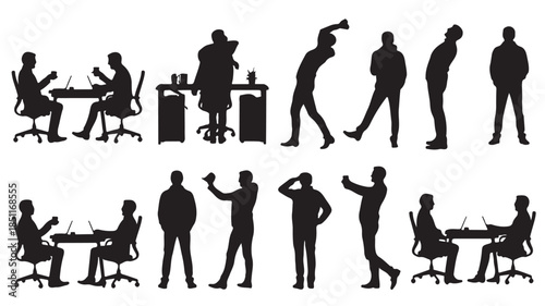 Silhouettes of business people in various poses and actions in modern minimalist style with high contrast lighting for corporate illustration