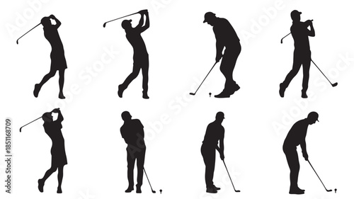 Golfer Silhouettes in Various Stances with Golf Clubs in Dynamic Motion on White Background for Sports Illustration